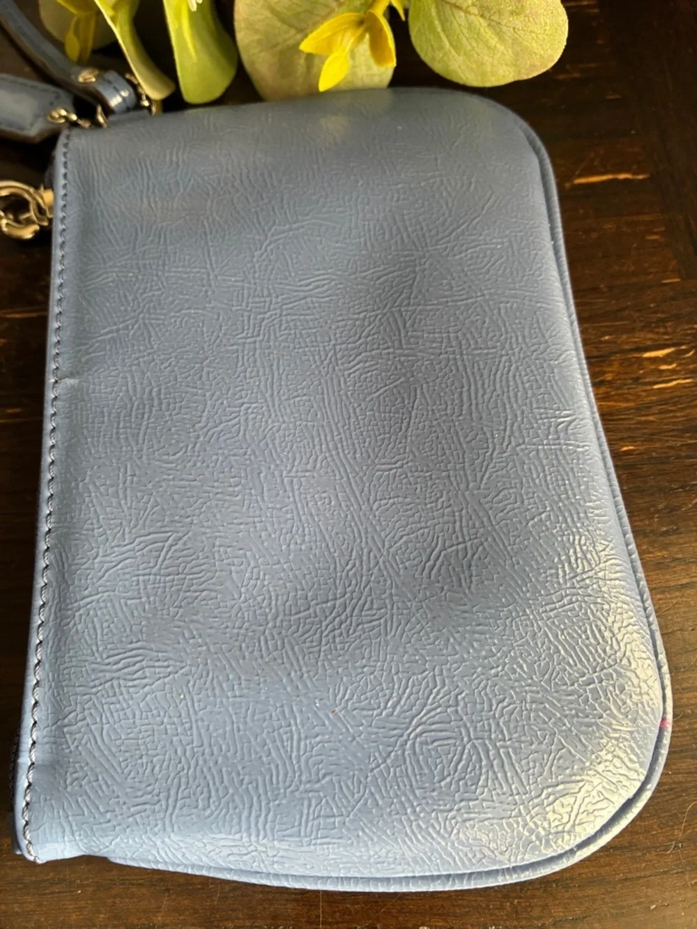 Coach Light Blue Leather Wristlet with Logo Patch